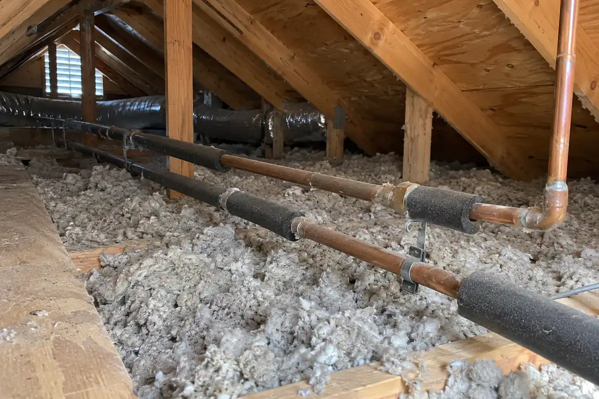 Water supply lines in a Kyle, TX attic, where pipes freeze and burst