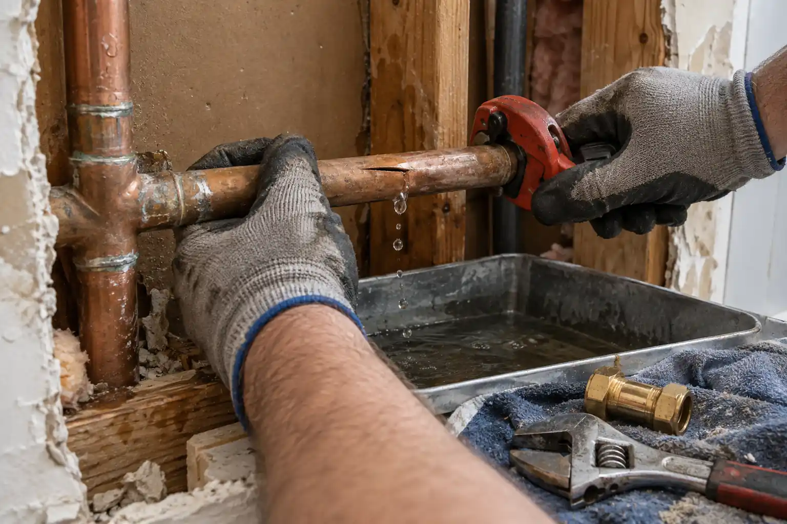 Burst pipe repair in Kyle, TX: fixing a split copper water pipe